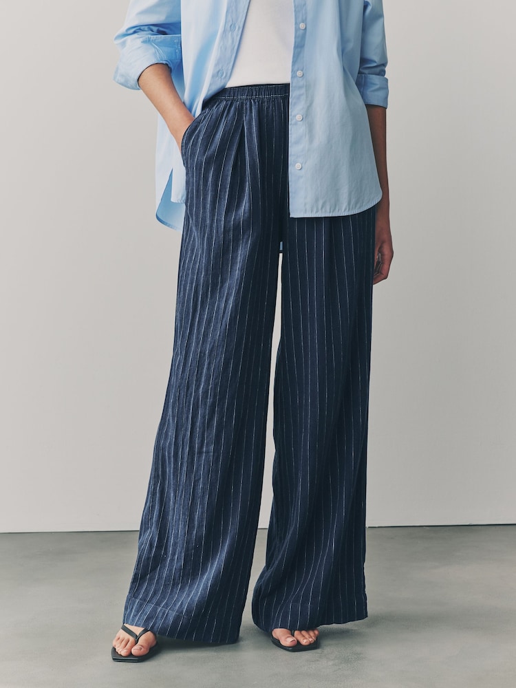 Blue Pinstripe Linen Rich Wide Leg Trousers - Image 3 of 9