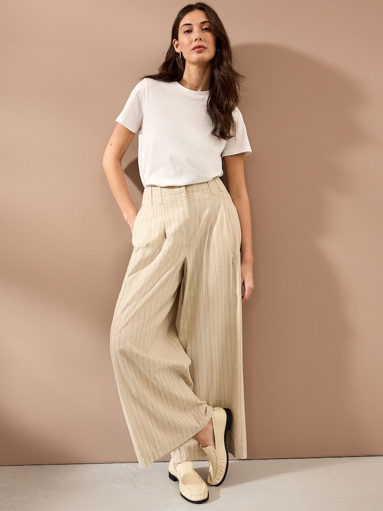 Natural Super Wide Striped Linen Blend Trousers - Image 1 of 8