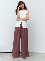 Burgundy Red Super Wide Striped Linen Blend Trousers - Image 1 of 7