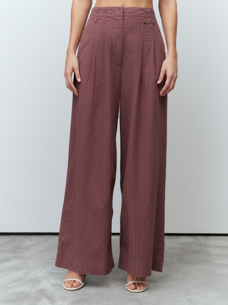 Burgundy Red Super Wide Striped Linen Blend Trousers - Image 2 of 7