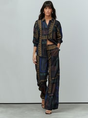 Navy Print Wide Leg Trousers with Linen - Image 1 of 7