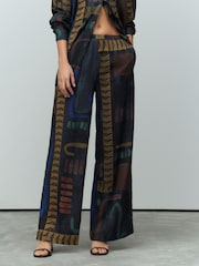 Navy Print Wide Leg Trousers with Linen - Image 2 of 7