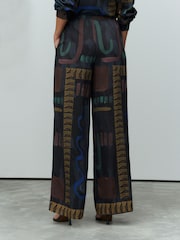 Navy Print Wide Leg Trousers with Linen - Image 3 of 7
