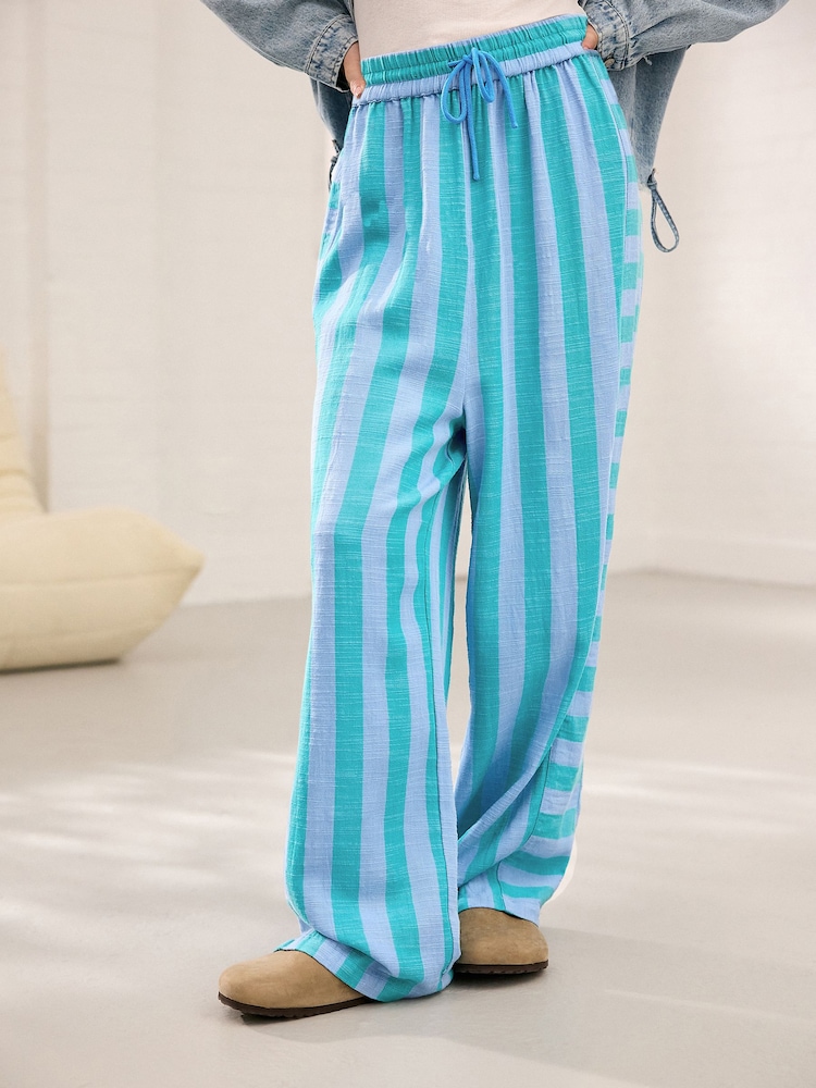 Blue Wide Leg Pull On Striped Trousers - Image 2 of 5