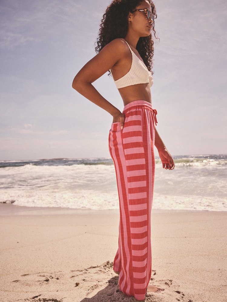 Pink Wide Leg Pull On Striped Trousers - Image 1 of 1