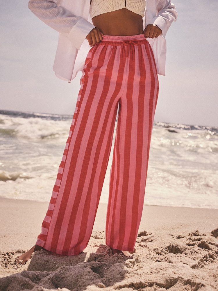 Pink Wide Leg Pull On Striped Trousers - Image 3 of 8