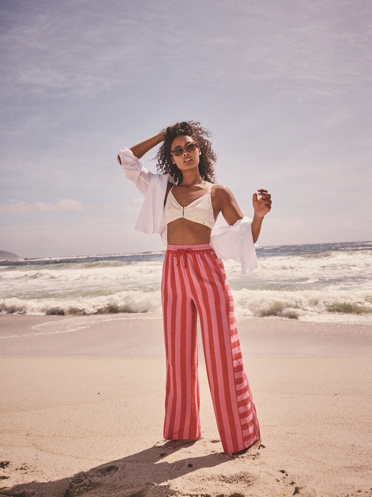 Pink Wide Leg Pull On Striped Trousers - Image 4 of 8