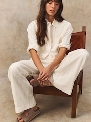 White Metallic Wide Leg Striped Trousers With Linen - Image 2 of 8