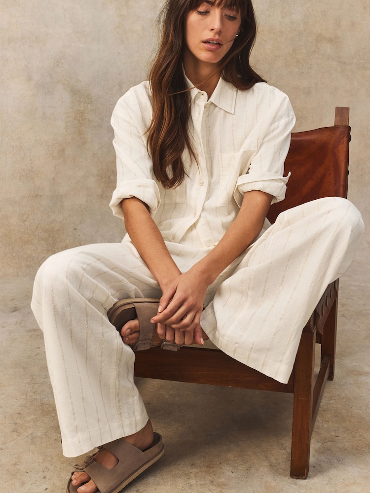 White Metallic Wide Leg Striped Trousers With Linen - Image 2 of 8