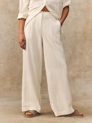 White Metallic Wide Leg Striped Trousers With Linen - Image 3 of 8