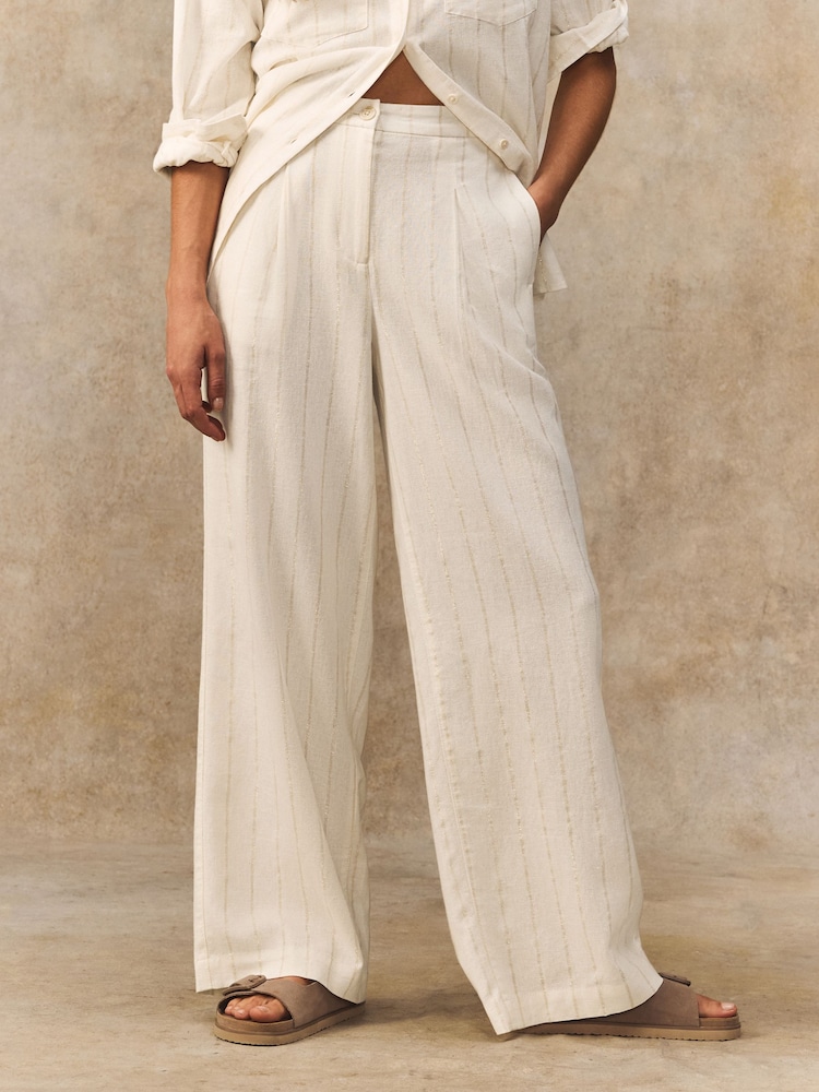 Blanc - métallisé Ample Pantalon Rayé Avec Lin - Image 3 of 8