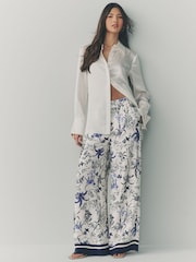 White/Blue Animal Print Wide Leg Satin Trousers - Image 1 of 7