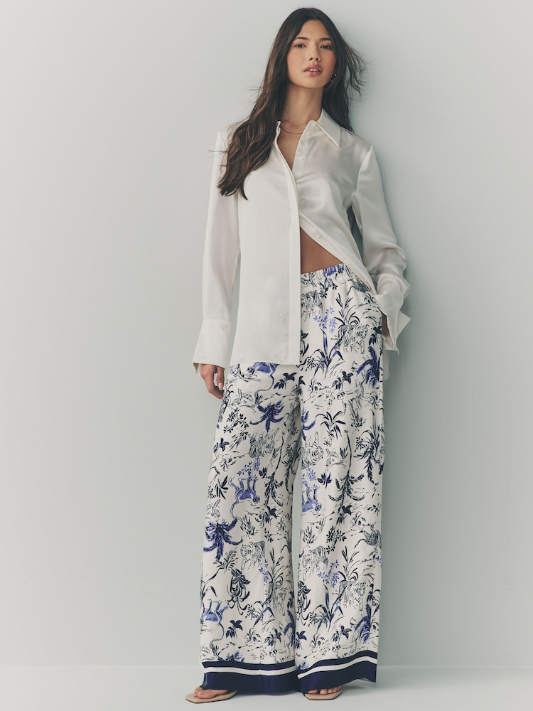 White/Blue Animal Print Wide Leg Satin Trousers - Image 1 of 7