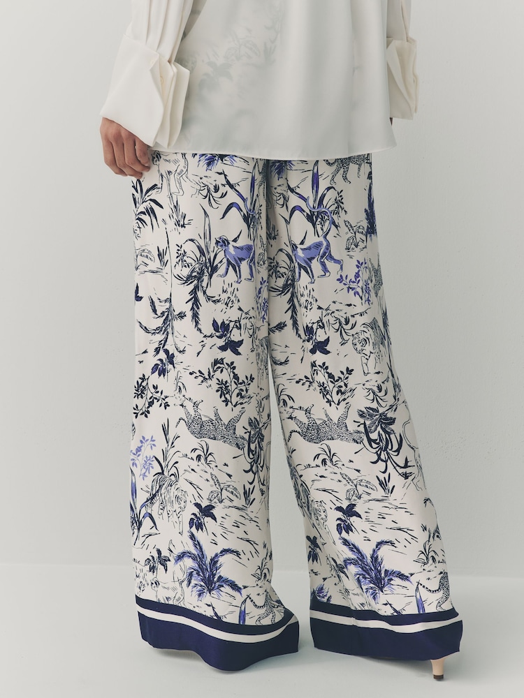 Blanc/Bleu Imprimé animal - Pantalons larges en satin - Image 3 of 7