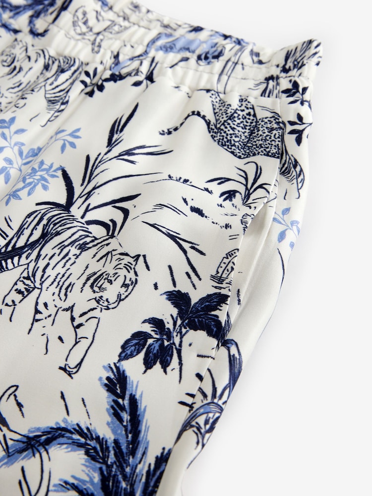 White/Blue Animal Print Wide Leg Satin Trousers - Image 7 of 7
