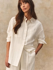 White Metallic Long Sleeved Striped Shirt With Linen - Image 1 of 4