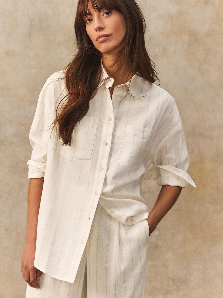 White Metallic Long Sleeved Striped Shirt With Linen - Image 1 of 4