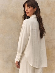 White Metallic Long Sleeved Striped Shirt With Linen - Image 2 of 4