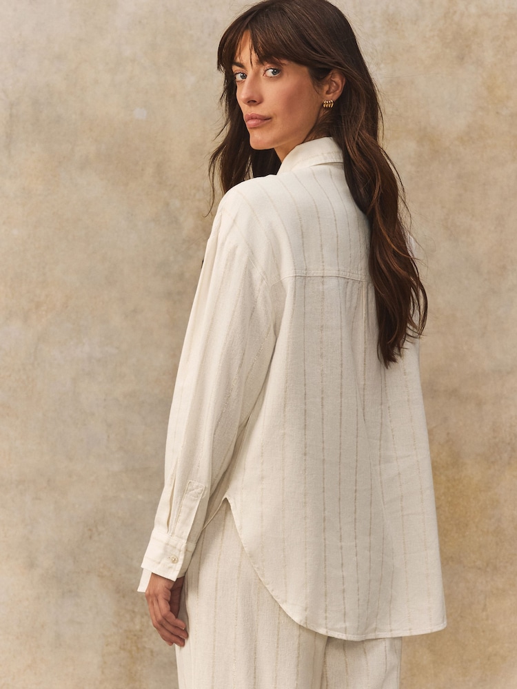 White Metallic Long Sleeved Striped Shirt With Linen - Image 2 of 4