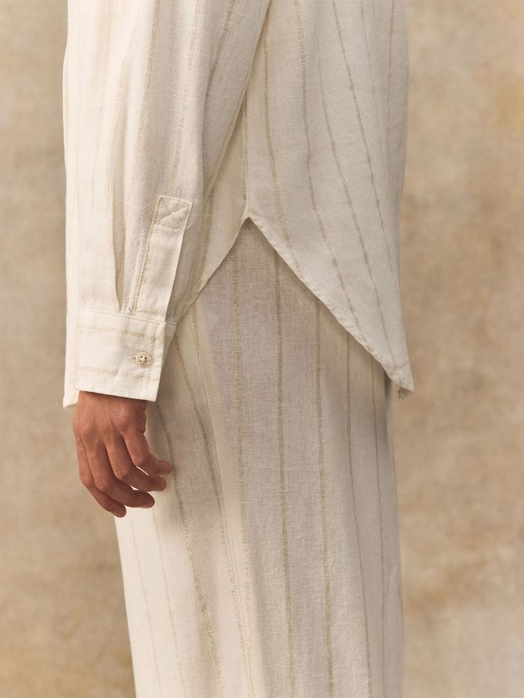 White Metallic Long Sleeved Striped Shirt With Linen - Image 5 of 5