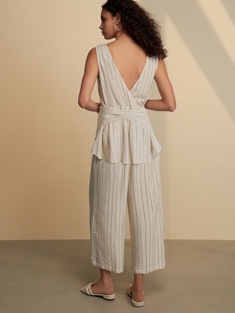 Neutral Stripe Tie Waist V-Neck Jumpsuit - Image 2 of 9 Neutral Stripe Tie Waist V-Neck Jumpsuit - Image 2 of 9