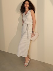 Neutral Stripe Tie Waist V-Neck Jumpsuit - Image 3 of 9