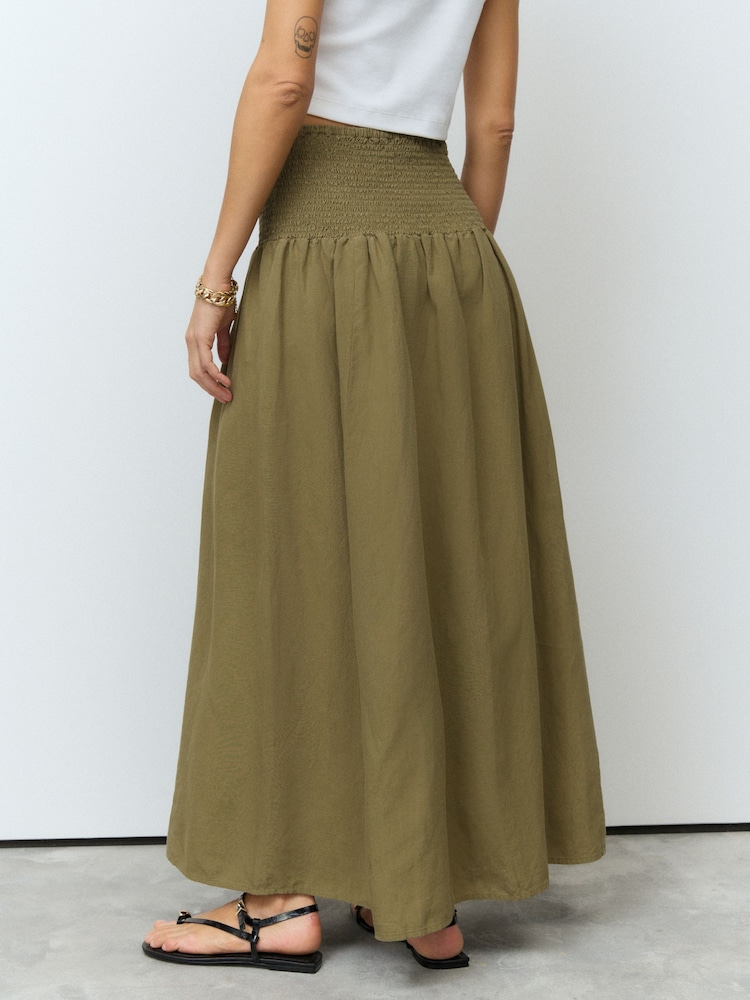 Boho Khaki Green Drop Waist Maxi Skirt - Image 3 of 7