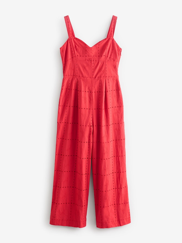 Red Brodery Strappy Wide Leg 100% Cotton Jumpsuit - Image 4 of 6