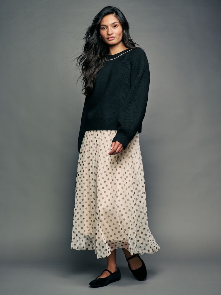 Ecru Spot Mesh Tulle Midi Skirt - Image 1 of 8