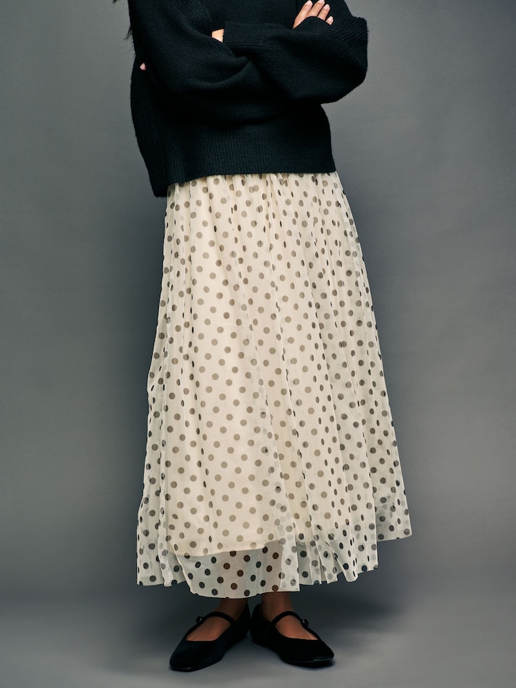 Ecru Spot Mesh Tulle Midi Skirt - Image 2 of 8