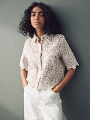 Blush Pink/Ecru N. Premium Crochet Lace Short Sleeve Shirt - Image 1 of 9