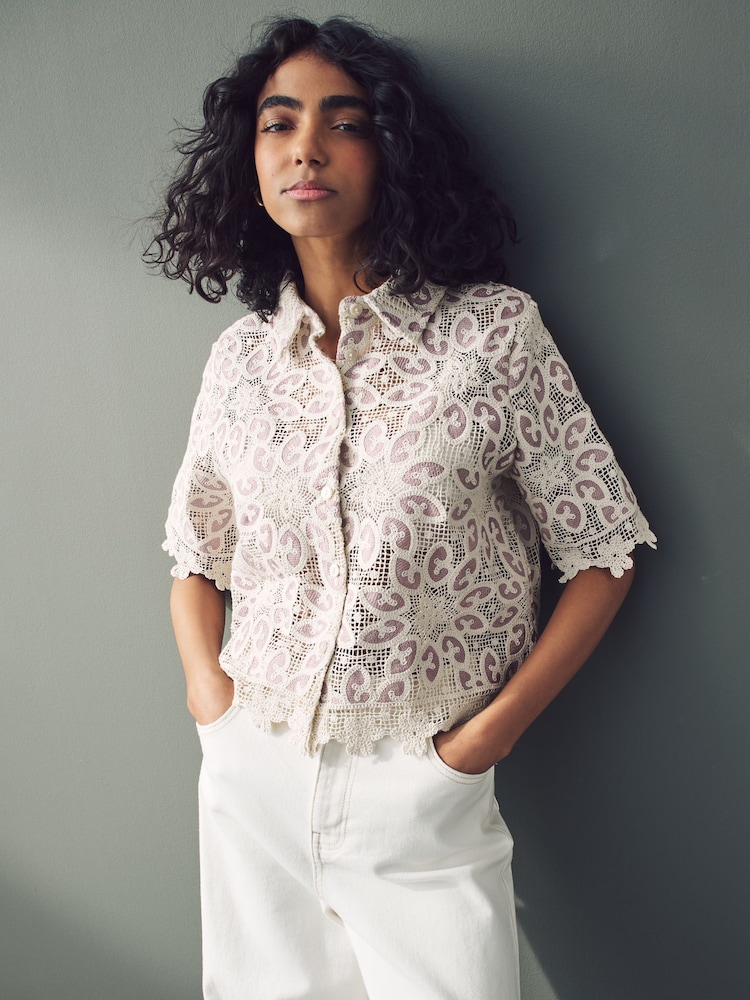 Blush Pink/Ecru N. Premium Crochet Lace Short Sleeve Shirt - Image 1 of 9