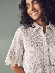 Blush Pink/Ecru N. Premium Crochet Lace Short Sleeve Shirt - Image 5 of 9