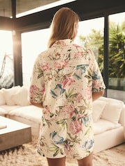 Pastel Floral Print Broderie Short Sleeve Button Down 100% Cotton Shirt - Image 2 of 8