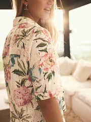 Pastel Floral Print Broderie Short Sleeve Button Down 100% Cotton Shirt - Image 4 of 8