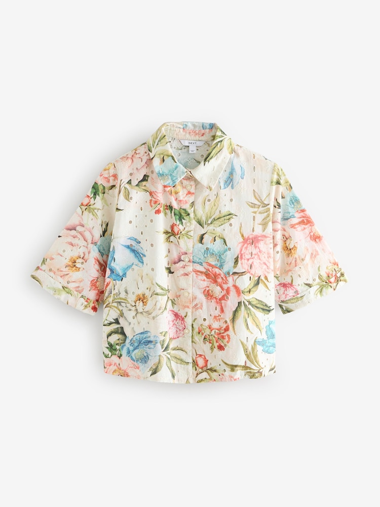 Pastel Floral Print Broderie Short Sleeve Button Down 100% Cotton Shirt - Image 6 of 8