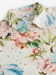 Pastel Floral Print Broderie Short Sleeve Button Down 100% Cotton Shirt - Image 8 of 8