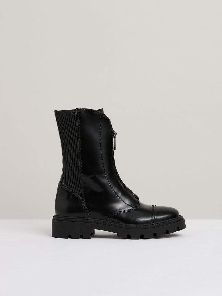 Reiss Black Sophie Leather Zip-Front Ankle Boots - Image 1 of 5
