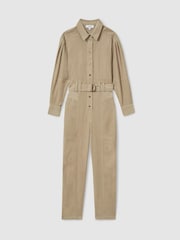 Reiss Neutral Mara Cotton Corduroy Tapered Jumpsuit With Stretch - Image 2 of 6