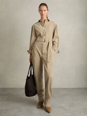 Reiss Neutral Mara Cotton Corduroy Tapered Jumpsuit With Stretch - Image 3 of 6