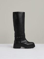 Reiss Black Albany Leather Chunky Flat Knee-High Boots - Image 1 of 5