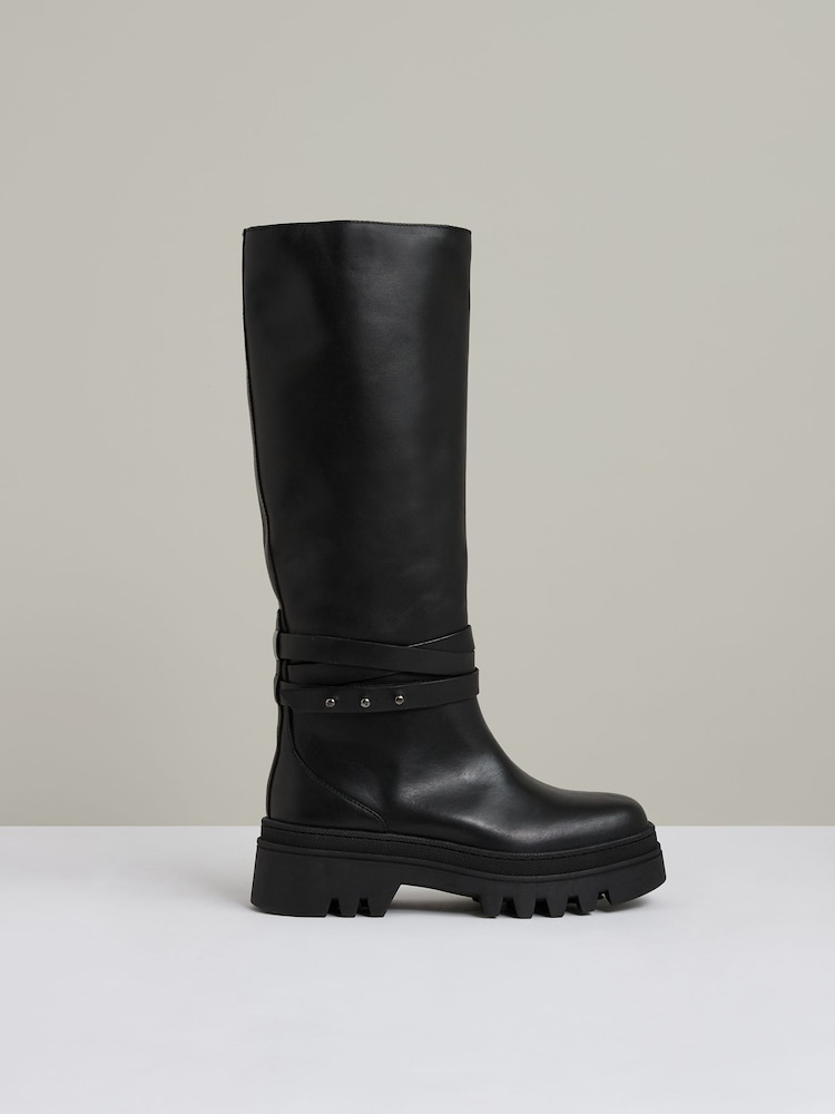 Reiss Black Albany Leather Chunky Flat Knee-High Boots - Image 1 of 5