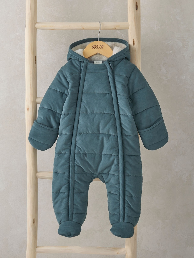 Mamas & Papas Blue 100% Cotton Quilted Pramsuit With Borg Hood - Image 1 of 3