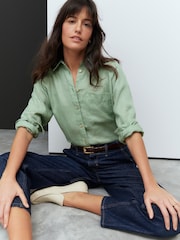 Sage Green 100% Linen Button Down Relaxed Long Sleeve Shirt - Image 2 of 9