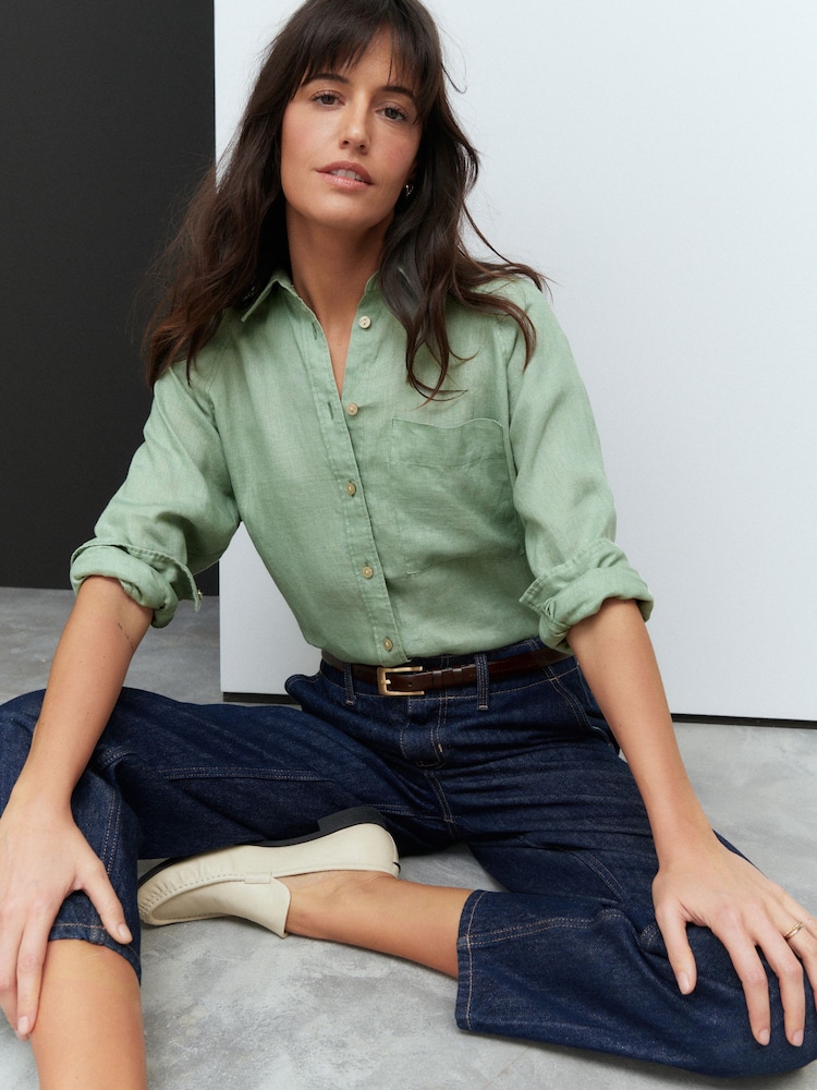 Sage Green 100% Linen Button Down Relaxed Long Sleeve Shirt - Image 2 of 9