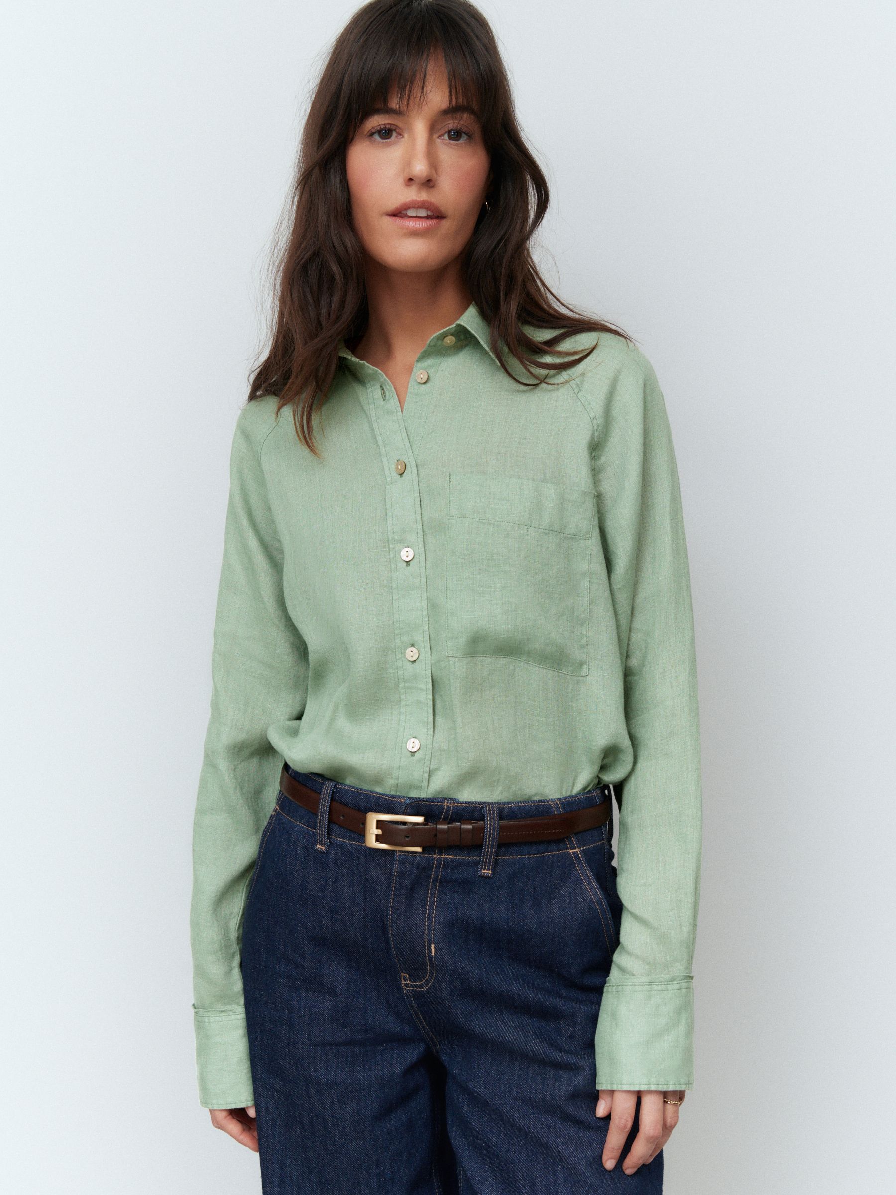 Buy Sage Green 100% Linen Button Down Relaxed Long Sleeve Shirt