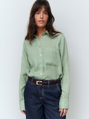 Sage Green 100% Linen Button Down Relaxed Long Sleeve Shirt - Image 4 of 9