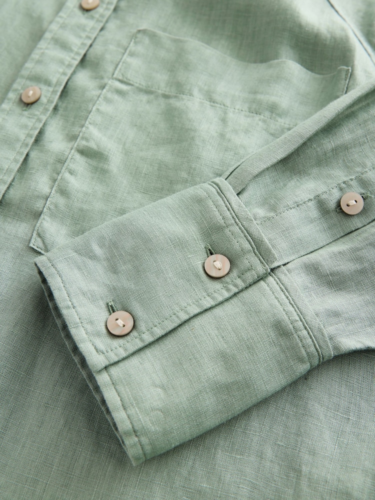 Sage Green 100% Linen Button Down Relaxed Long Sleeve Shirt - Image 9 of 9