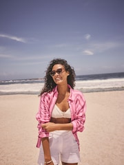 Pink/Brown Stripe 100% Linen Button Down Relaxed Long Sleeve Shirt - Image 4 of 9