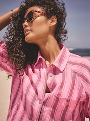 Pink/Brown Stripe 100% Linen Button Down Relaxed Long Sleeve Shirt - Image 5 of 9